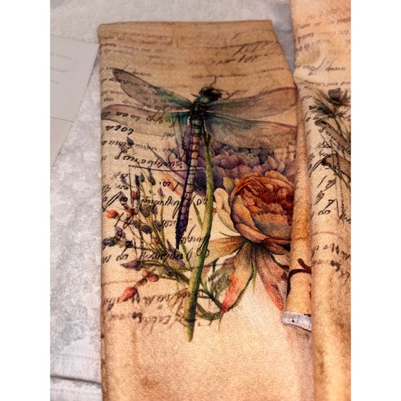 Set of 2 Dragonfly Floral Botanical Vintage Script Hand Towels - Picture 2 of 3
